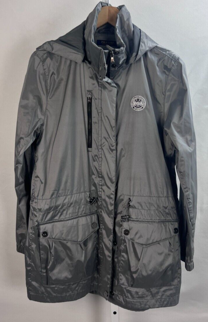 Ralph Lauren Polo Golf PGA Windbreaker Jacket Women Large Hoodie Zip Silver SZ M